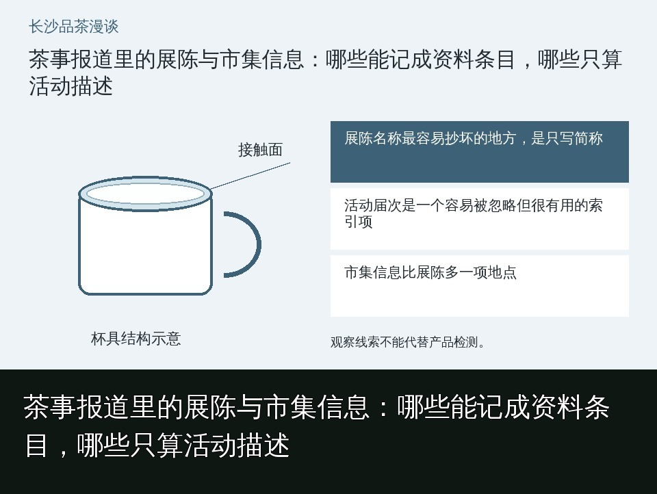 茶事报道里的展陈与市集信息：哪些能记成资料条目，哪些只算活动描述的知识要点示意图