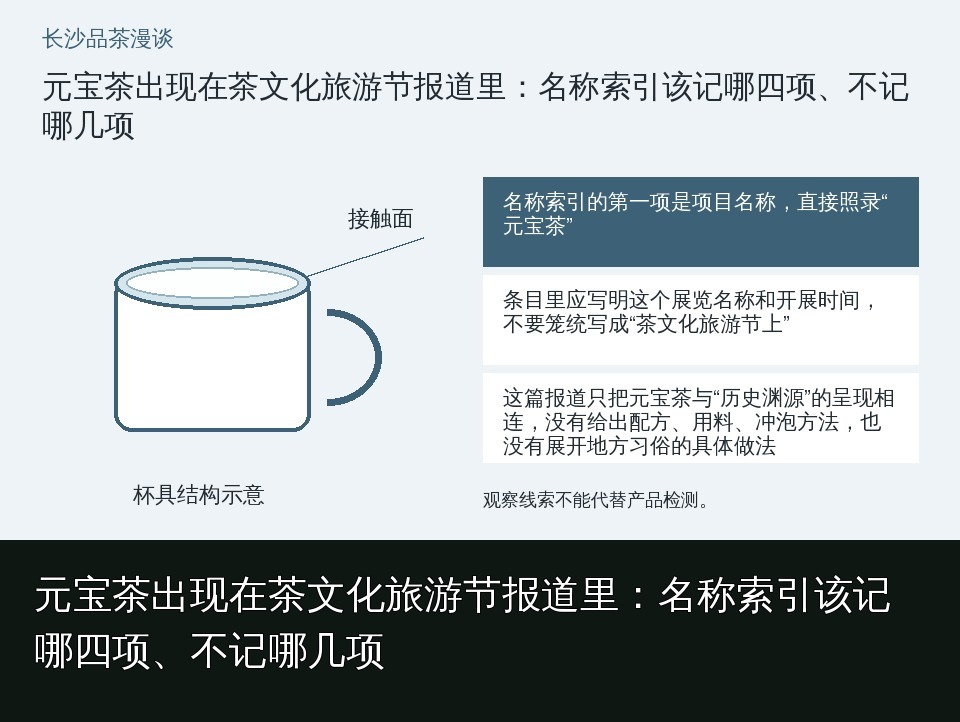 元宝茶出现在茶文化旅游节报道里：名称索引该记哪四项、不记哪几项的知识要点示意图